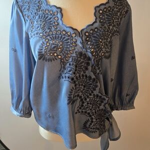 Chic Blue Blouse with Lace Accents Chambray